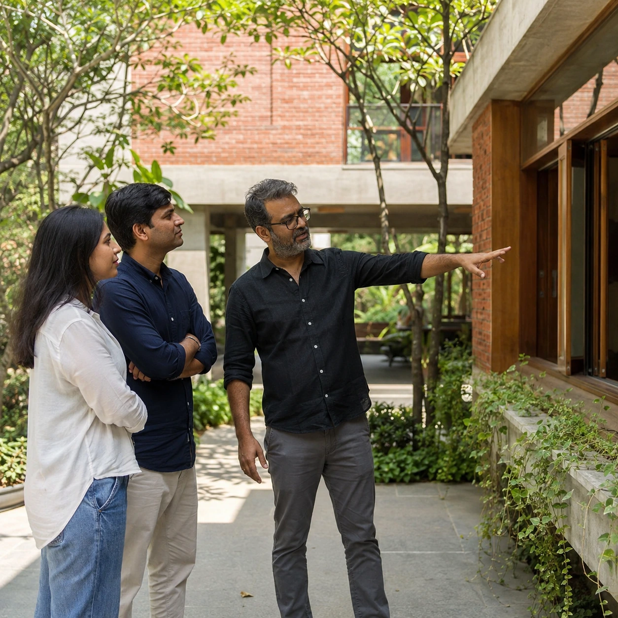A property site visit with an architect in a landscaped residential courtyard